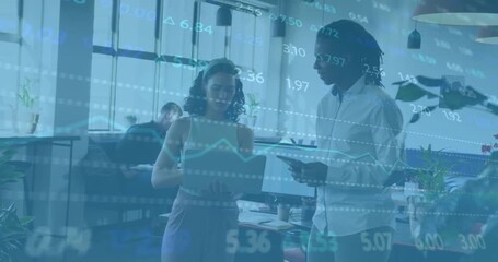 Financial data processing animation over business people discussing in modern office - Powered by Adobe