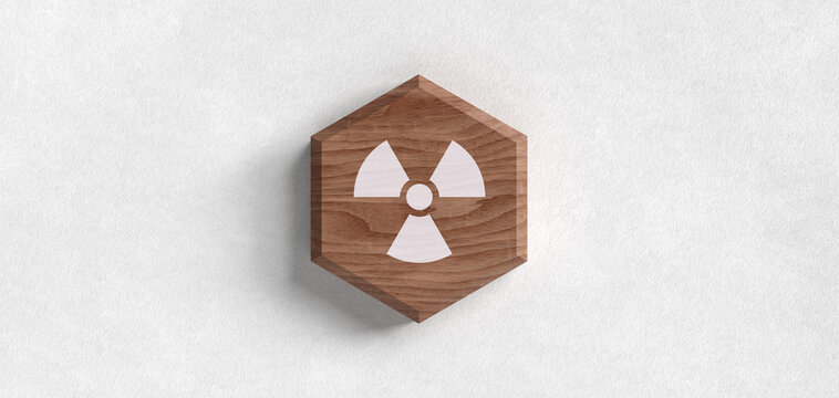 Radioaktiv Warnzeichen Symbol auf hexagonalem Holz Icon als Web Header Grafik. Gefahr, Atomkraft und Strahlung Piktogramm auf Holzstruktur f&uuml;r Energie, Sicherheit und Warnhinweise.
