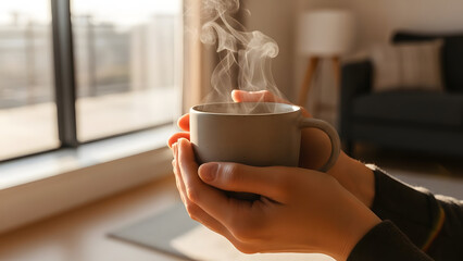Cozy hands holding a warm mug with steam rising, enjoying a moment of relaxation indoors