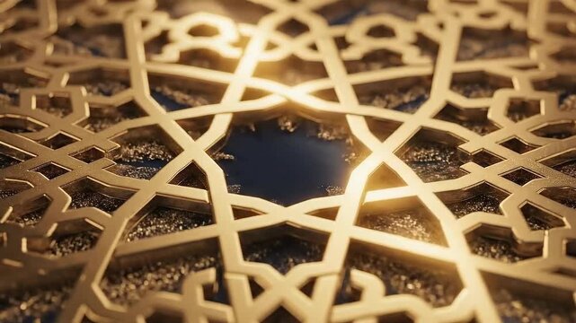 Golden intricate geometric pattern with detailed lattice design and sparkling accents on dark surface