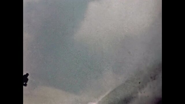 Close up, seagulls energetically flapping their wings, flying in cloudy sky. Free wild seabirds soaring through air in dynamic motion. Freedom in wildlife. Old film. Archival retro. Vintage archive