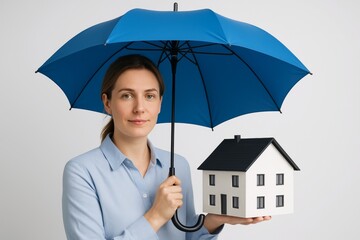 Woman holding house model under blue umbrella symbolizing home insurance protection and security concept on white background. Ai generative. Ai generative