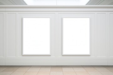 Two blank vertical poster frames on elegant white wall panel interior with tiled floor for branding or artwork mockup presentation template. Ai generative