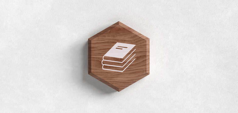 B&uuml;cherstapel Bildung Symbol auf hexagonalem Holz Icon als Web Header Grafik. Wissen, Lernen und Literatur Piktogramm auf Holzstruktur f&uuml;r Schule, Universit&auml;t und Bibliothek.