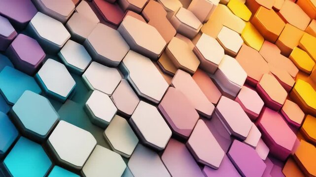 Colorful and modern 3D rendering of hexagonal blocks in a variety of neon colors. Digital artwork with an abstract design.