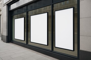 Storefront window with three blank vertical posters in black frames, perfect for advertising mockup or branding presentation on urban street wall. Ai generative