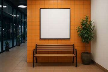 Blank square frame mockup above bench in modern hallway with orange tiles and indoor plant, ideal for branding or advertising template display. Ai generative