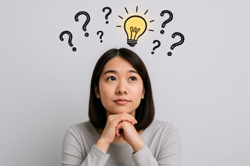 Thoughtful young woman with lightbulb and question marks above head symbolizes inspiration and problem solving on gray background. Ai generative. Ai generative