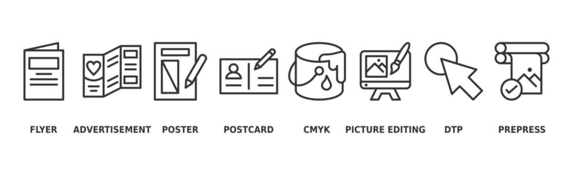 Print banner web icon vector illustration concept with icon of flyer, advertisement, brochure, poster, postcards, cmyk, picture editing, dtp, and prepress