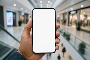 Smartphone mockup held by hand with blank white screen in modern shopping mall environment, ideal for branding or app design presentation template use. Ai generative