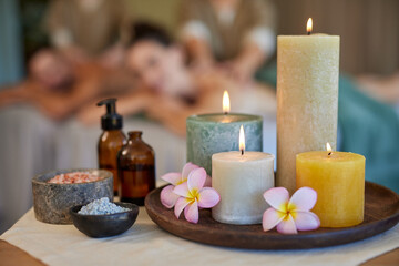 Close up of a beauty set with candles at luxury spa