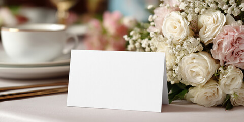 Empty card on table wedding table setting with flowers