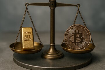Gold bar and Bitcoin coin balanced on vintage scales symbolizing traditional value versus digital currency in financial investment concept comparison. Ai generative