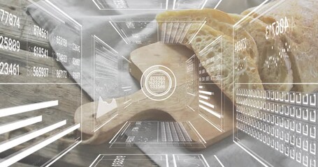 Upon HUD overlay appearing, panels floating around board scanning bread slices analyzing freshness - Powered by Adobe
