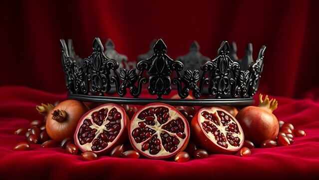 infamy. Obsidian crown and pomegranate seeds on crimson velvet in dramatic lighting. event programs, museum guides, designed for cultural heritage projects and event programs.