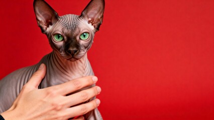 Hairless cat with green eyes being petted