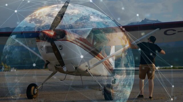 Aviation pilot approaching with case and doing preflight on ramp while globe HUD guiding checks