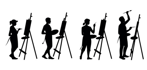 Artists Painting on Easels &ndash; Modern Silhouette Vector Illustration
