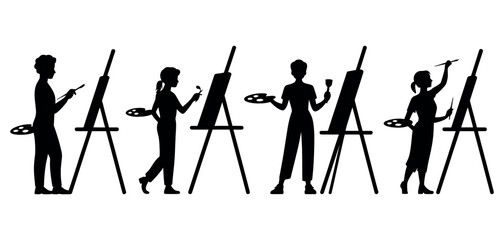 Artist Silhouettes Painting on Easel &ndash; Vector Illustration