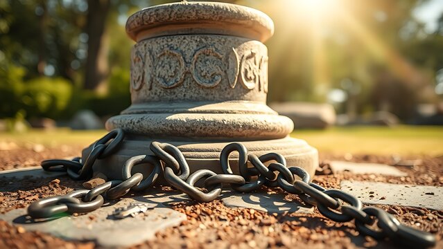 liberated. Broken iron chains at the base of a stone pedestal in bright sunlight, symbol of freedom. event programs, museum guides, designed for cultural heritage projects and event programs.