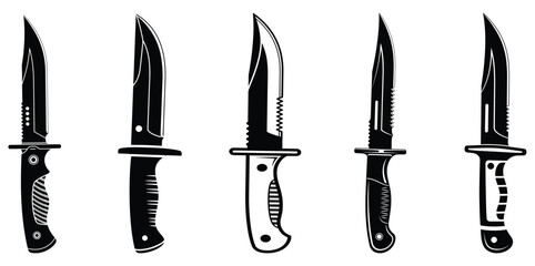 A collection of five different knives with unique blade and handle designs