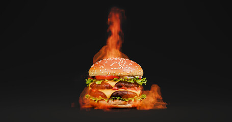 Flaming Cheeseburger 3D Render on Dark Background