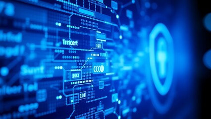 Obraz premium hacking. Digital security concept featuring glowing blue abstract elements with atmospheric lighting and shallow focus. product launch decks.