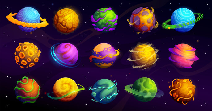Cartoon space planets, stars and asteroids with floating gas, wavy stripes, rocky craters and bright halo. Vector celestial alien planets have glowing rings, fluid texture or abstract lava surface.