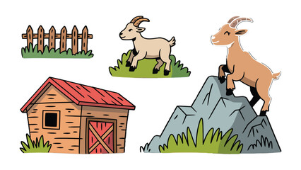 Obraz premium Farm Scene: A whimsical illustration captures a vibrant farm scene, with animated goats, a quaint wooden barn, and a simple fence.