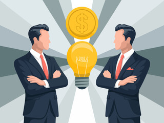 A conceptual illustration featuring two confident business figures facing each other with a light bulb symbolizing ideas and dollar signs representing success and ambition.