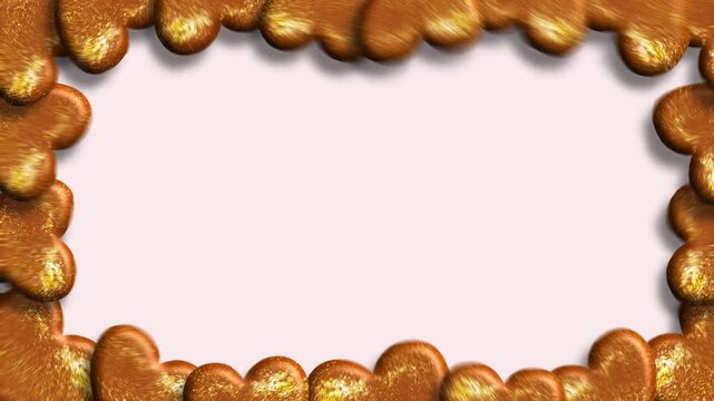 Golden gingerbread hearts frame border on white copy space