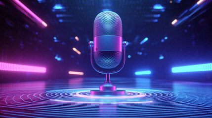 Futuristic studio microphone glowing in neon lights for podcast streaming and digital audio production