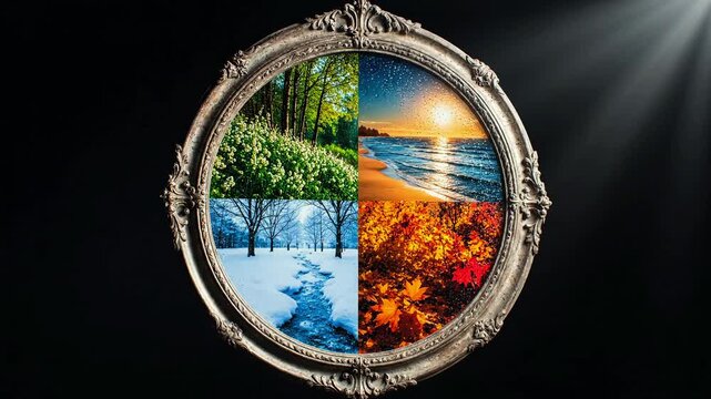 An elegant vintage mirror artfully captures the cyclical change of the four seasons vibrant spring, warm summer, colorful autumn, and tranquil winter landscapes