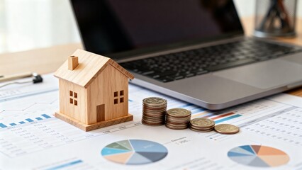 Mini house coins and laptop on financial charts