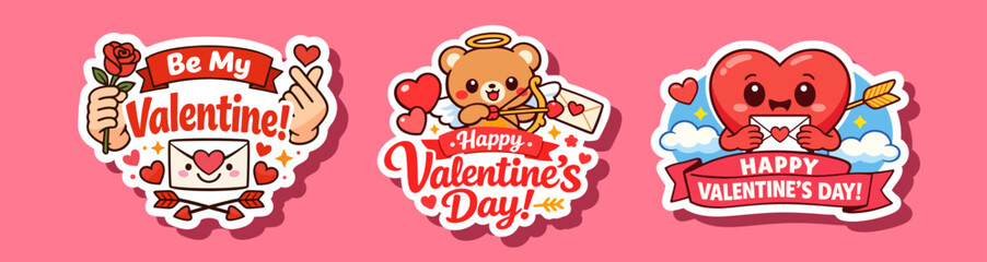 Valentine's Day themed vector illustration featuring adorable stickers. Includes a smiling envelope with a rose, a teddy bear with a love letter, and a heart with an arrow, all expressing love 