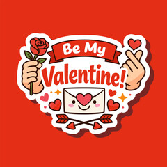 Charming Valentine's Day vector illustration featuring a smiling envelope with a heart, a hand holding a rose, and a hand making a heart gesture. Perfect for romantic themes