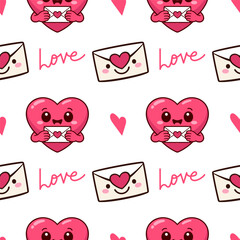 Charming vector illustration love seamless pattern featuring cute heart characters holding love letters and cheerful envelopes. Ideal for Valentine's Day, romance themes, and decorative projects.