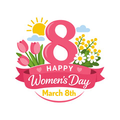 Vector illustration celebrating Women's Day on March 8th with colorful flowers, sun, and clouds surrounding a large number eight. Perfect for event banners, social media, and greeting cards.