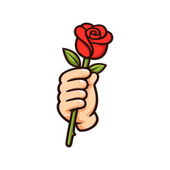 Vector illustration of a hand holding a red rose with green leaves. The simple and bold design highlights the elegance and timelessness of the rose, suitable for romantic themes.