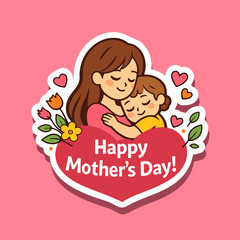 Vector illustration of a mother and child in a loving embrace, celebrating Mother's Day. The design features hearts and flowers, conveying warmth and affection.