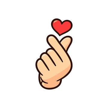 Adorable kawaii-style hand making a finger heart gesture with a small red heart above. Minimal, colorful cartoon illustration isolated on a light background. Perfect for Valentine&rsquo;s Day designs, love