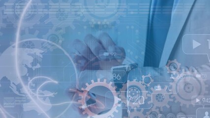 Animation of globe and cogs over hands of caucasian businessman using smartwatch - Powered by Adobe