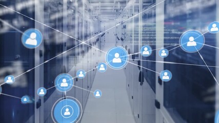 Animation of network of connections with icons over servers - Powered by Adobe