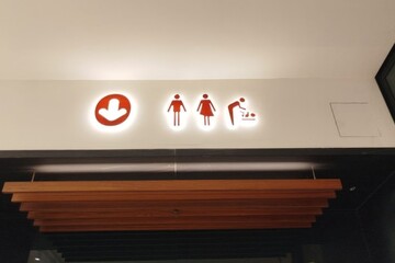 Signage displaying restroom symbols for men, women, and baby changing facilities, illuminated with modern design elements and clear directional indicators