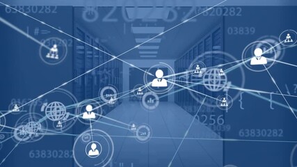 Animation of network of connections with digital icons and numbers over computer servers - Powered by Adobe
