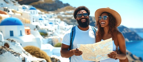 African American couple exploring scenic destination with map and joyful expressions in sunlight