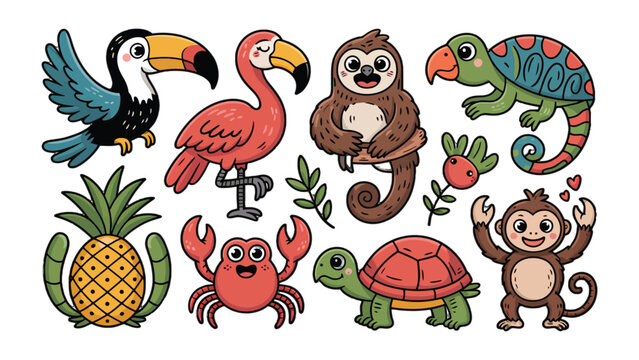 Tropical Cartoon Animals: An ensemble of delightful cartoon characters representing a variety of tropical animals, conveying a sense of playful vibrancy.