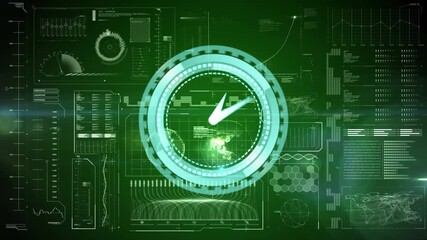 Animation of clock moving over diverse data on green digital screen - Powered by Adobe