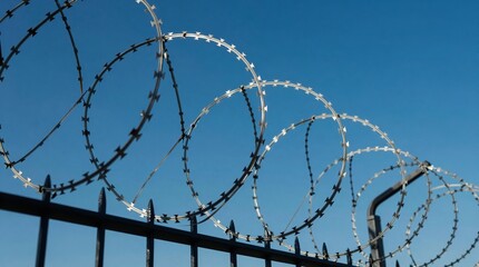 A close-up view of barbed wire on top of a metal fence against a clear blue sky