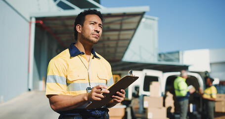 Logistics, clipboard and thinking with delivery man outdoor for supply chain, checklist and idea. Distribution manager, transport coordinator and quality assurance vision with person and reflection
